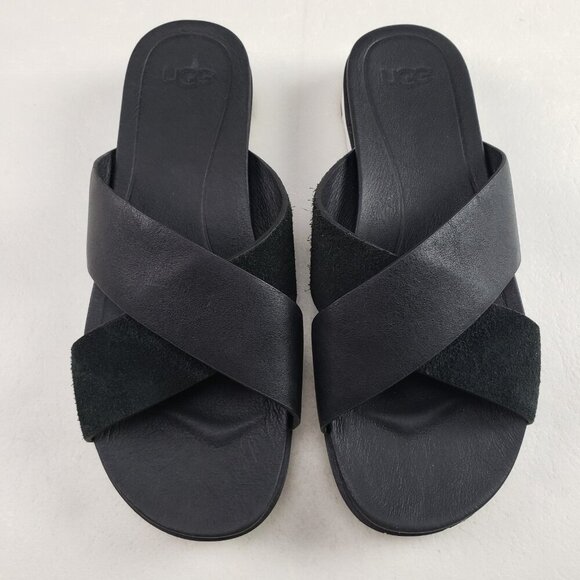 Ugg Kari Leather Slide Sandal Womens 7.5 Black Slip On Open Toe Crisscross Strap - Picture 2 of 10